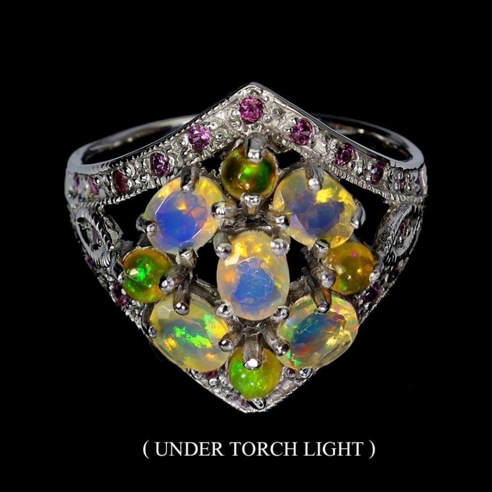 925 Serling Silver Ring Oval Fire Opal 4x3mm Rhodolite Gemstone Size 8.5 Blammer